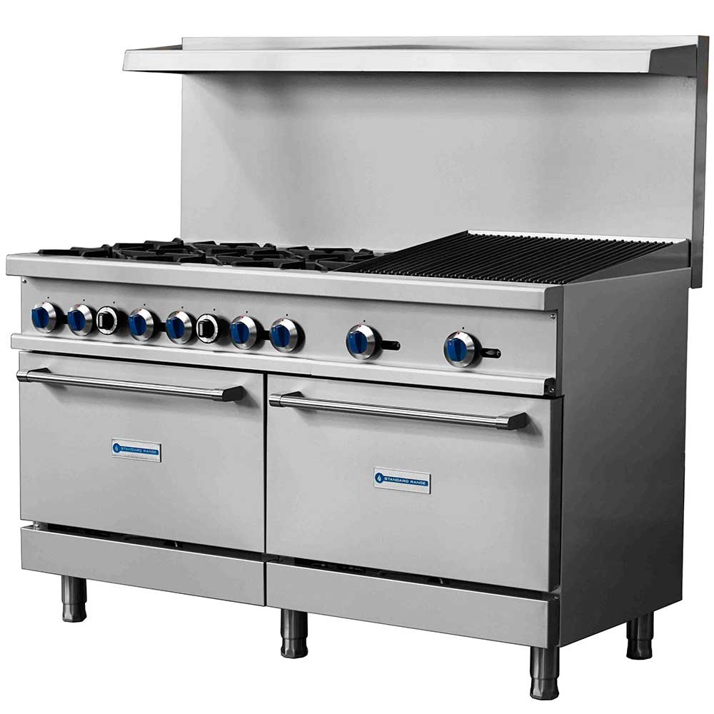 Standard Range SR-R60-24CB-NG 60" Natural Gas Commercial Range with 6 Burner, 24" Charbroiler, 2 Oven, 306,000 BTU