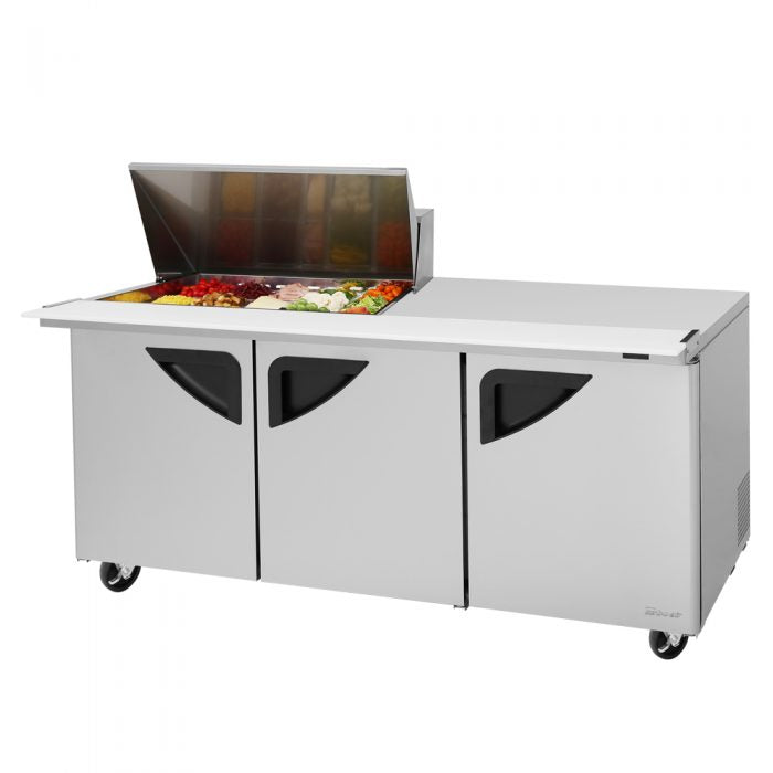 Turbo Air TST-72SD-15M-N 3 Solid Door Mega Top Refrigerated Sandwich Prep Table, Mega hood, 23 Cu. Ft.