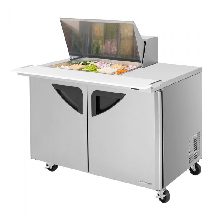 Turbo Air TST-48SD-12M-N 2 Solid Door Mega Top Refrigerated Sandwich Prep Table 28" Mega hood, 15 Cu. Ft.