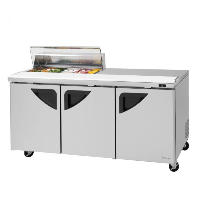 Turbo Air TST-72SD-10S-N-CL 3 Solid Door Refrigerated Sandwich Prep Table, Clear Lid, 23 Cu. Ft.
