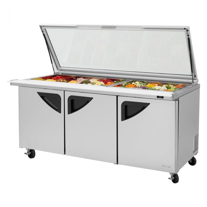 Turbo Air TST-72SD-30-N-GL 3 Solid Door Mega Top Refrigerated Sandwich Prep Table with Glass Lid