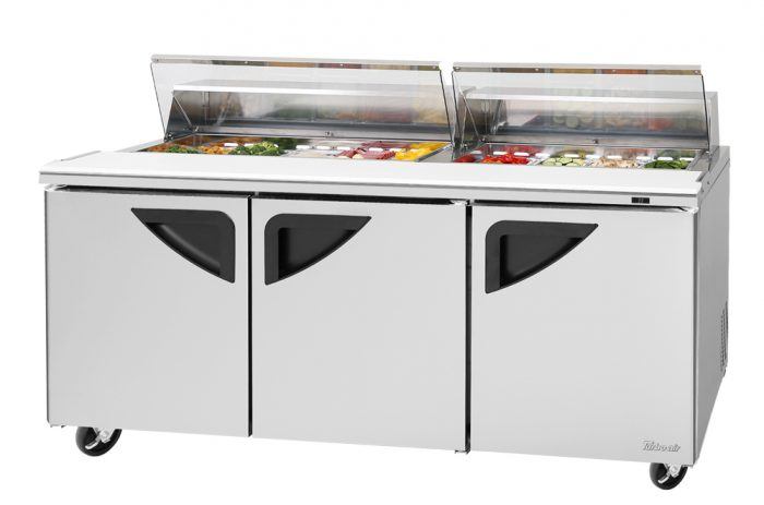 Turbo Air TST-72SD-N-CL 3 Solid Door Refrigerated Sandwich Prep Table, Clear Lid, 19 Cu. Ft.