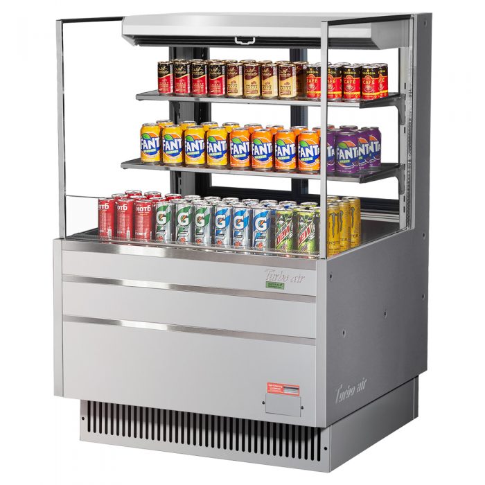 Turbo Air TOM-36L-UFD-S-3S-N 34-3/4" Low Profile Open Display Merchandiser, 2 shelves, European Straight Style, Stainless Steel, 7.5 Cu. Ft.