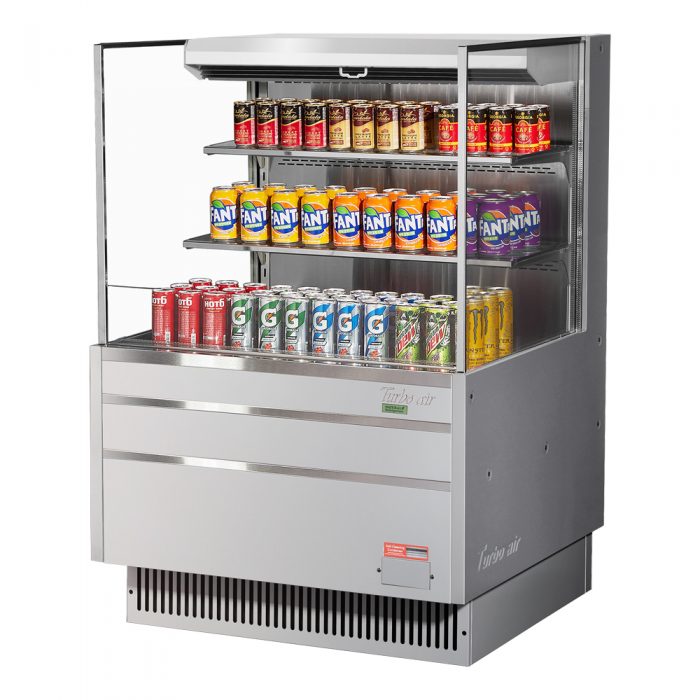 Turbo Air TOM-36L-UF-S-3S-N 34-3/4" Low Profile Open Display Merchandiser, 2 shelves, European Straight Style, Stainless Steel, 11.1 Cu. Ft.