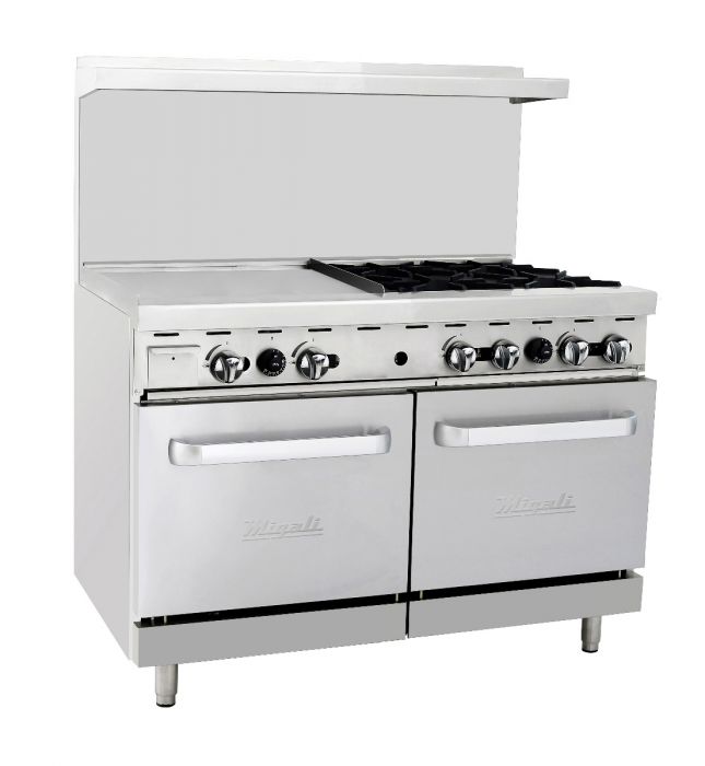 Migali C-RO4-24GL-NG 4 Burner Range, 24" Griddle Left Side, (2) Ovens, Natural Gas