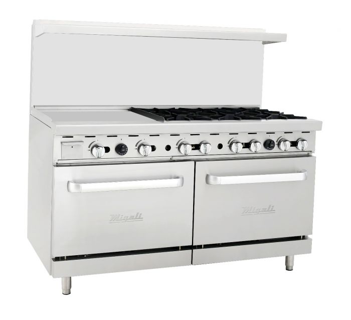 Migali C-RO6-24GL-NG 6 Burner Range, 24" Griddle Left Side, (2) Ovens, Natural Gas