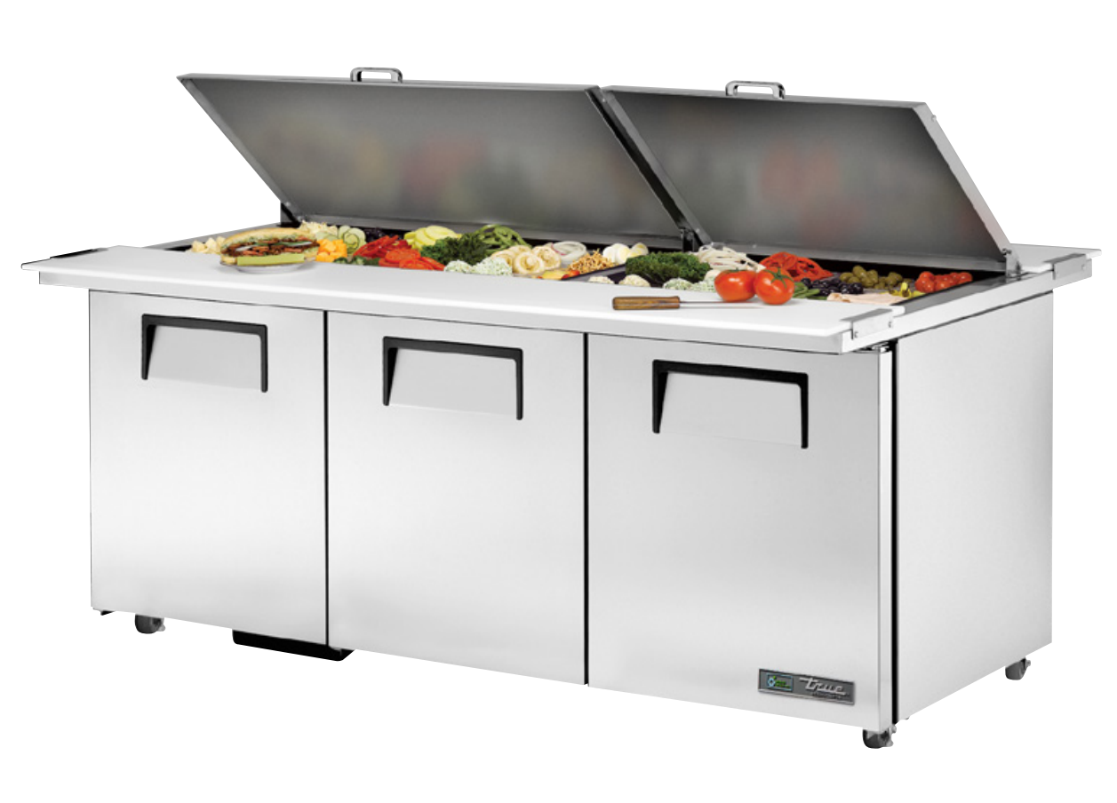 True TSSU-72-30M-B-DS-ST-ADA-HC Sandwich Prep Table, 723/8" Wide, 3 Doors, 6 Shelves, 30 Pans (Tops)