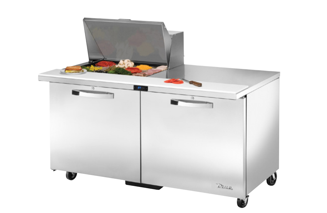 True TSSU-48-12M-B-HC~SPEC3 Sandwich Prep Table, 48 3/8" Wide, 2 Doors, 4 Shelves, 12 Pans (Tops)