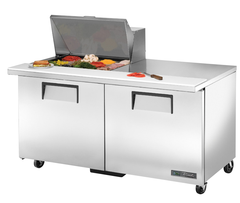 True TSSU-60-12M-B-HC~SPEC3 Sandwich Prep Table, 60 3/8" Wide, 2 Doors, 4 Shelves, 12 Pans (Tops)