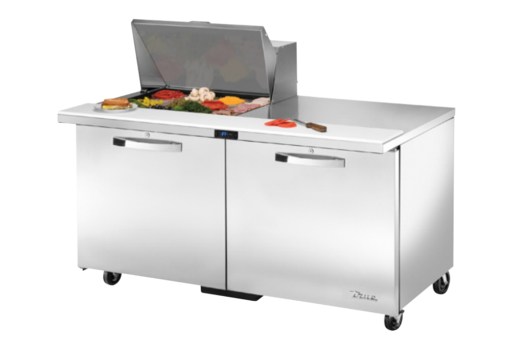 True TSSU-72-12M-B-HC~SPEC3 Sandwich Prep Table, 72 3/8" Wide, 3 Doors, 6 Shelves, 12 Pans (Tops)