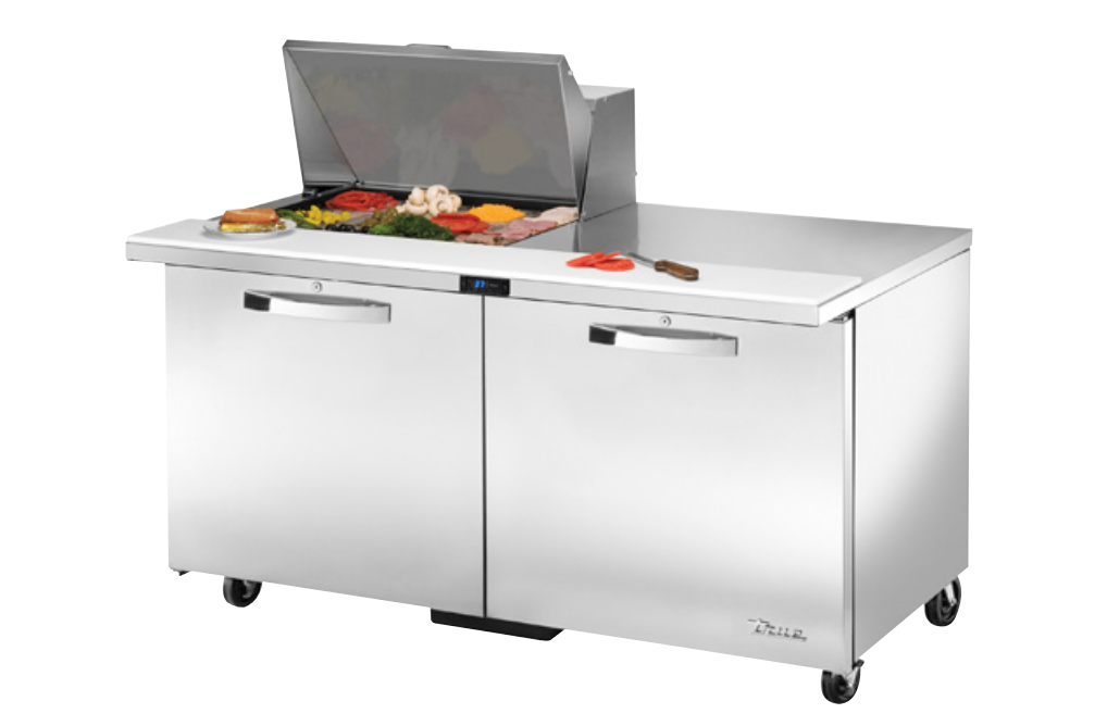 True TSSU-48-15M-B-HC~SPEC3 Sandwich Prep Table, 48 3/8" Wide, 2 Doors, 4 Shelves, 15 Pans (Tops)