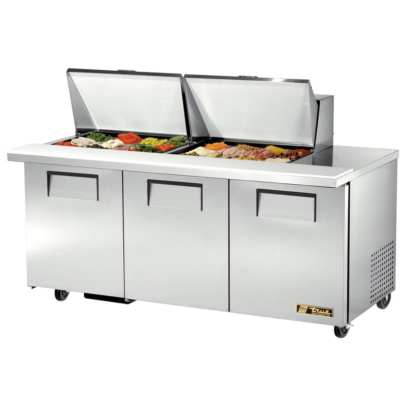 True TSSU-72-24M-B-ST-HC~SPEC3 Sandwich Prep Table, 72 3/8" Wide, 3 Doors, 6 Shelves, 24 Pans (Tops)