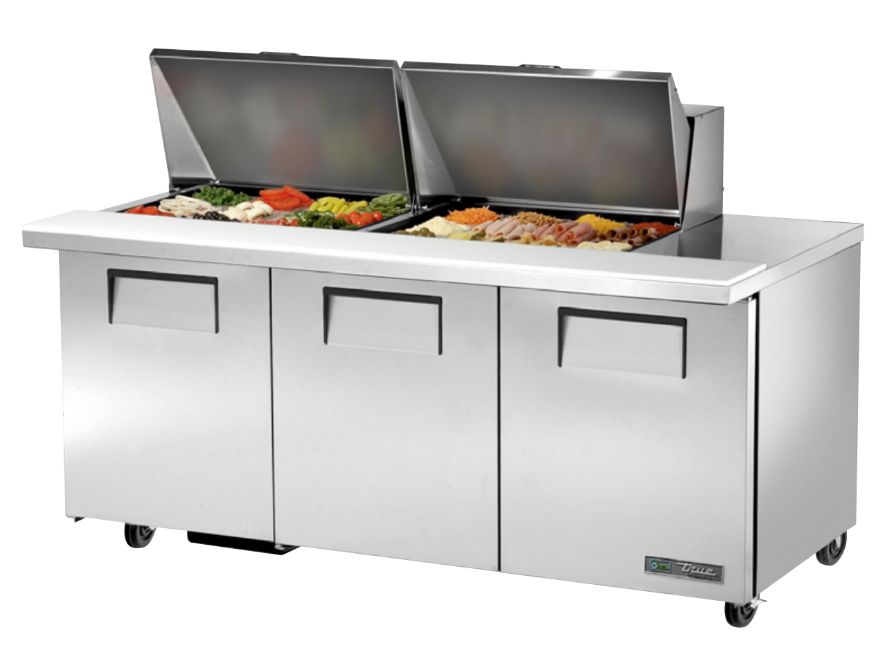 True TSSU-72-24M-B-ST-HC~SPEC3 Sandwich Prep Table, 72 3/8" Wide, 3 Doors, 6 Shelves, 24 Pans (Tops)