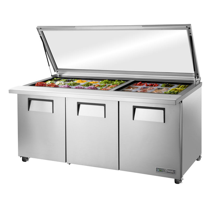 True TSSU-72-30M-B-ST-FGLID-HC Sandwich Prep Table, 72 3/8" Wide, 3 Doors, 6 Shelves, 30 Pans (Tops)