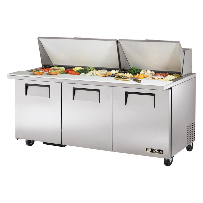 True TSSU-72-30M-B-ST-HC Sandwich Prep Table, 72 3/8" Wide, 3 Doors, 6 Shelves, 30 Pans (Tops)