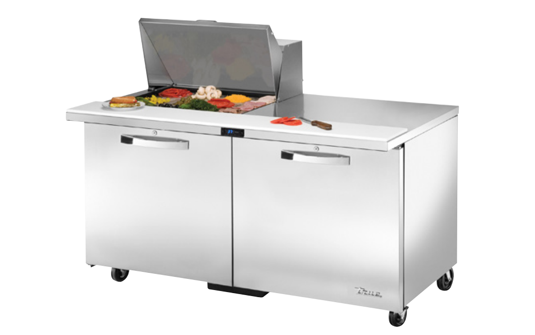 True TSSU-60-24M-B-ST-ADA-HC~SPEC3 Sandwich Prep Table, 60 3/8" Wide, 2 Doors, 4 Shelves, 24 Pans (Tops)