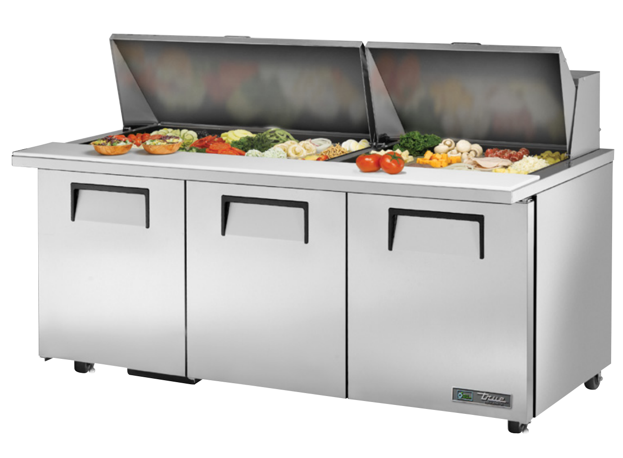 True TSSU-72-30M-B-ST-ADA-HC Sandwich Prep Table, 723/8" Wide, 3 Doors, 6 Shelves, 30 Pans (Tops)