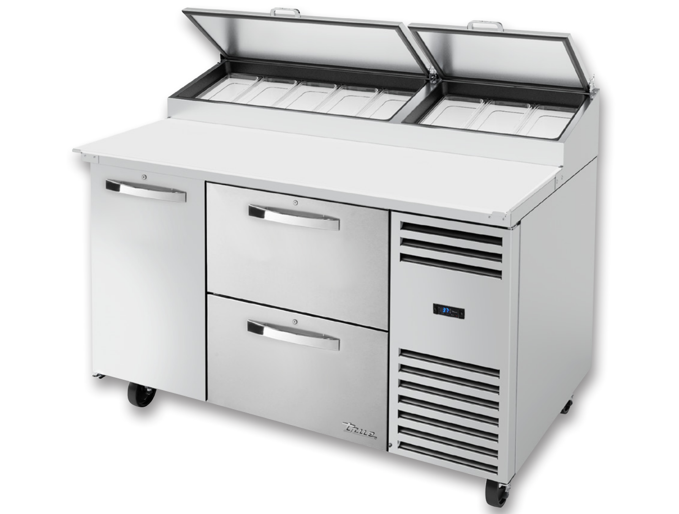 True TPP-AT-60D-2-HC~SPEC3 Pizza Prep Table, 60 1/4" Wide, 1 Door, 2 Shelves, 8 Pans (Tops)
