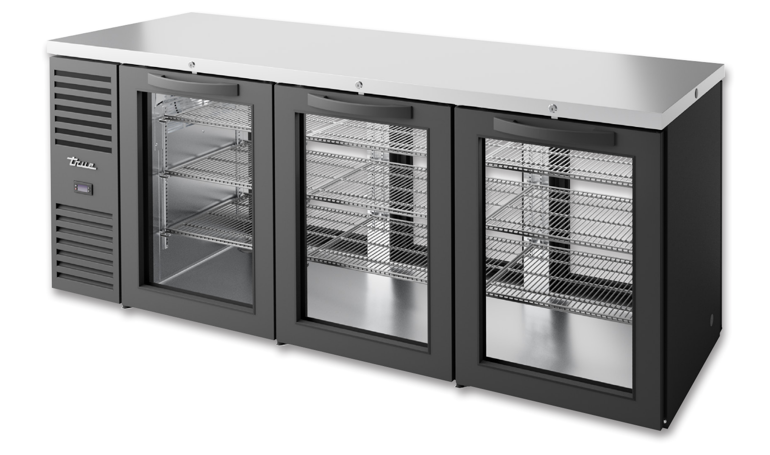 True TBR84-PTSZ1-L-B-GGG-GGG-1 Pass-Thru Back Bar Cooler, 84" Wide, 3 Doors