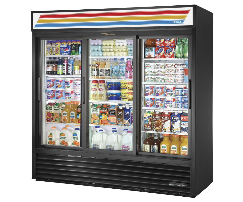 True GDM-69-HC-LD Merchandiser Refrigerator, 78 1/8" Wide, 3 Doors, 12 Shelves