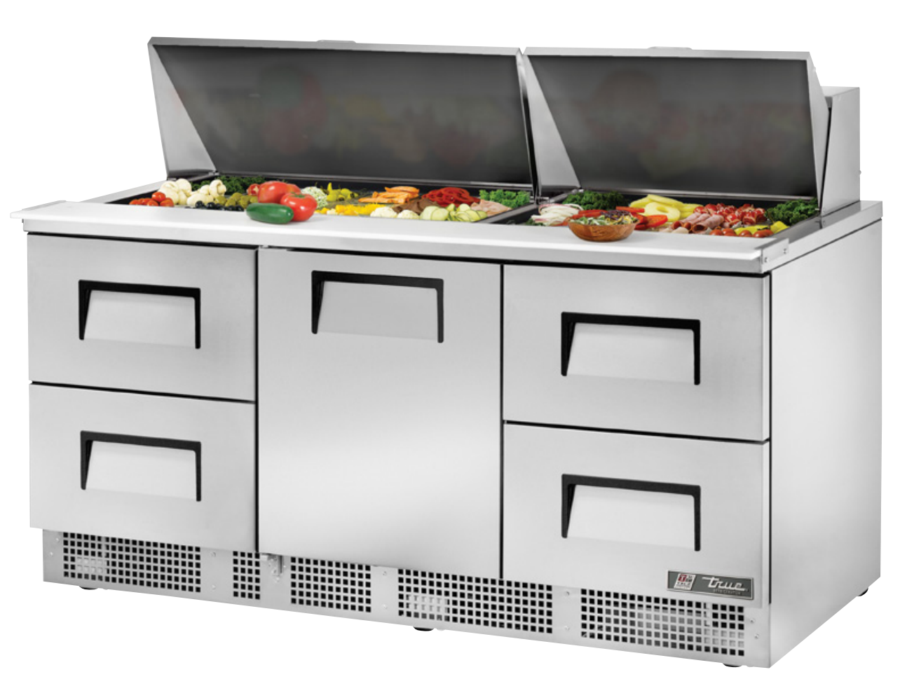 True TFP-72-30M-D-4 Sandwich Prep Table, 72 1/8" Wide, 1 Door, 2 Shelves, 30 Pans (Tops)