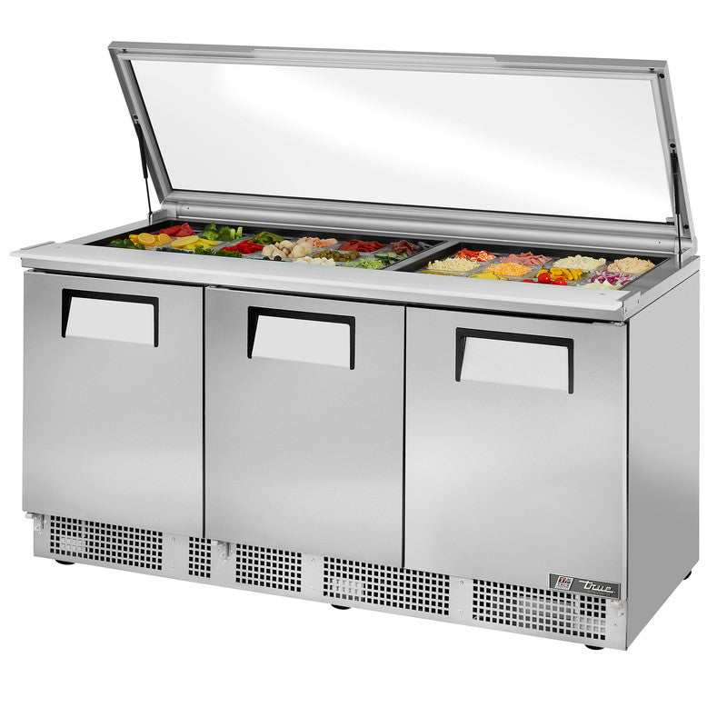 True TFP-72-30M-FGLID Sandwich Prep Table, 72 1/8" Wide, 3 Doors, 6 Shelves, 30 Pans (Tops)