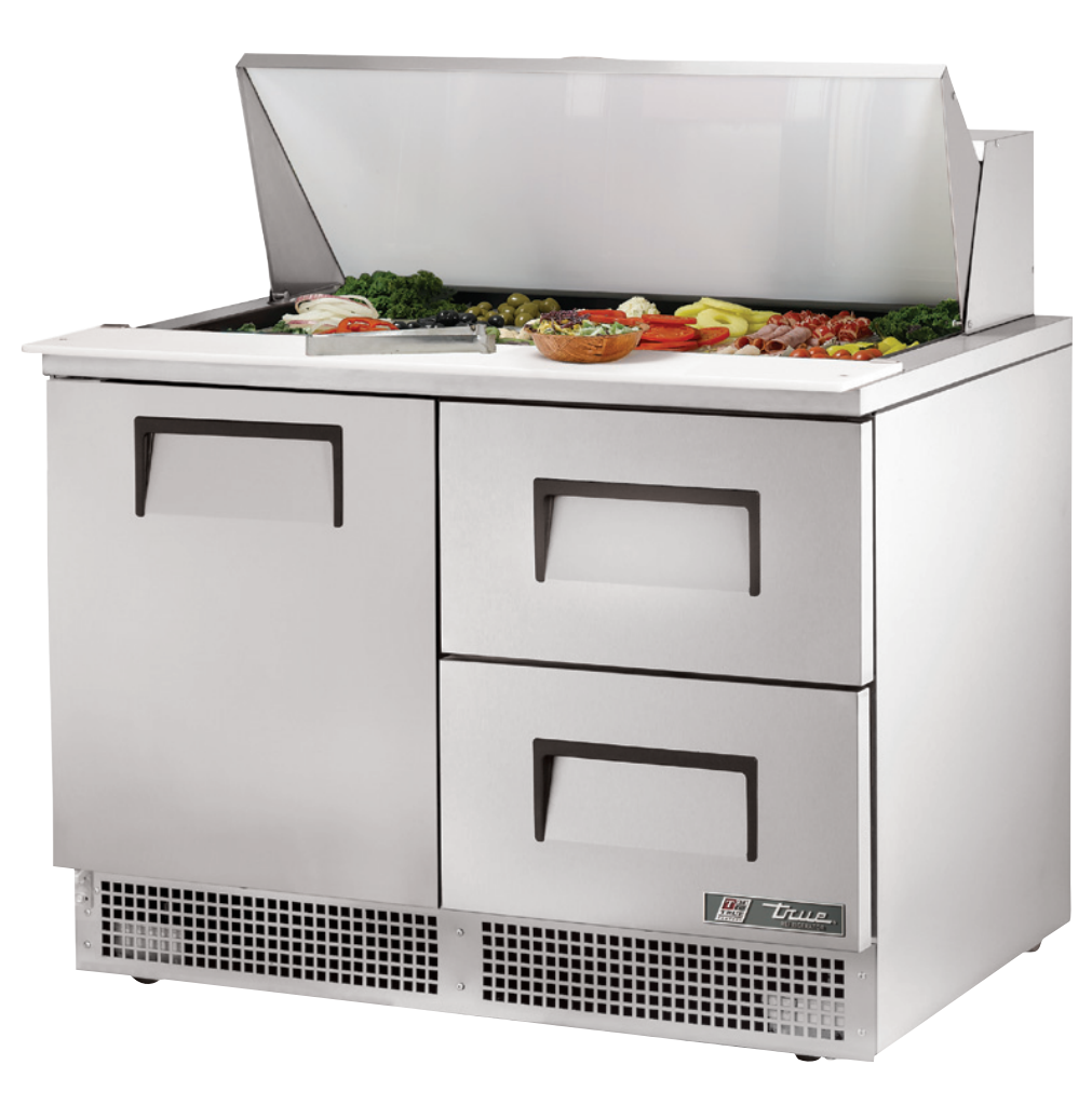 True TFP-48-18M-D-2 Sandwich Prep Table, 48 1/8" Wide, 1 Door, 2 Shelves, 18 Pans (Tops)