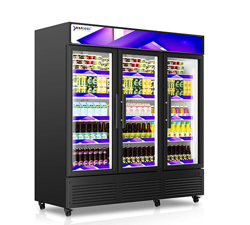 NAFCOOL TGDR70 70" 3 Glass Hinge Door Merchandiser, 57.5 Cu. Ft.
