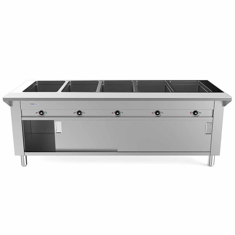 Prepline ESTC74-5S 74" Five Pan Sealed Well Electric Hot Food Steam Table with Enclosed Base and Sliding Doors, 208/240V, 3700W