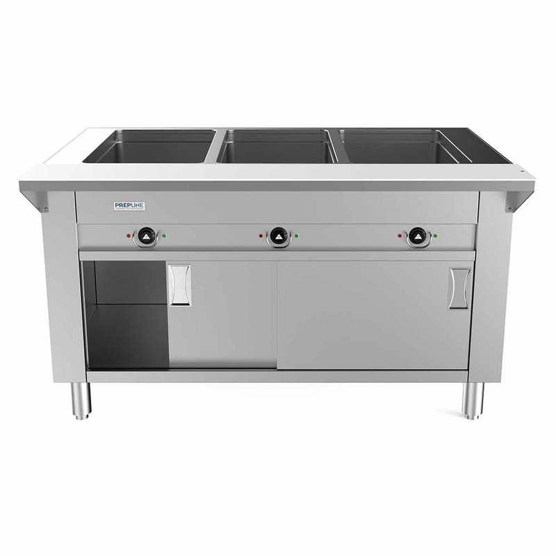 Prepline ESTC48-3O 48" Three Pan Open Well Electric Hot Food Steam Table with Enclosed Base and Sliding Doors, 120V, 1500W