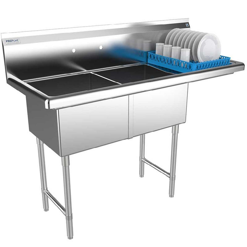 Prepline XS2C-1818-R 62" Stainless Steel Two Compartment Commercial Sink with Right Drainboard, 18" x 18" Bowls