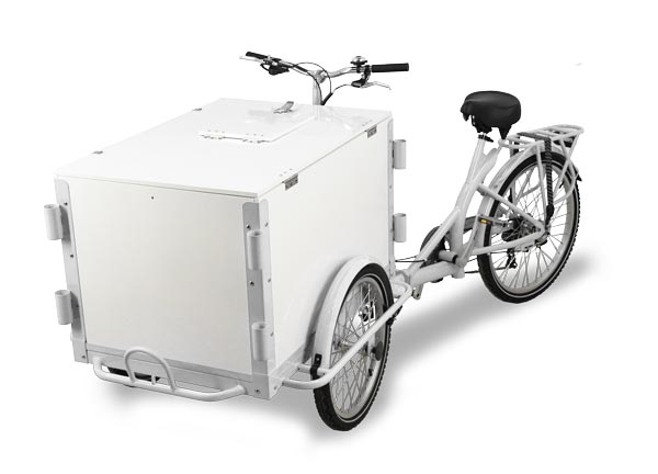Omcan Front Load Tricycle Ice Cream Bike White Frame With White Wooden Box, item 46660