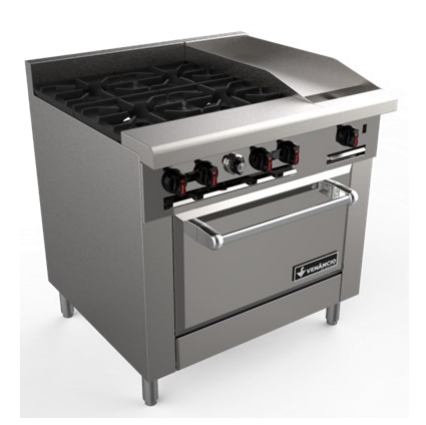Venancio R36ST-24B12G 36" Elite Combo Range with 4 Burners, 2 Manual Griddle on right, 1 Oven, Restaurant Series