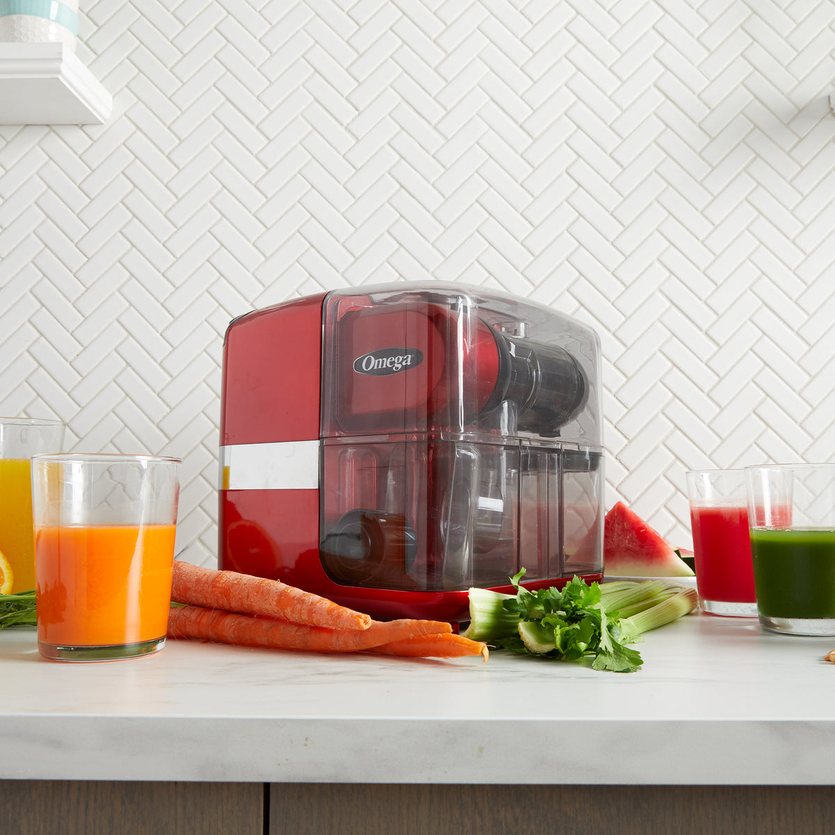 Omega JCUBE500 Cold Press 365 Masticating Slow Juicer and Nutrition System with On-Board Storage, in Red (JCUBE500RD)