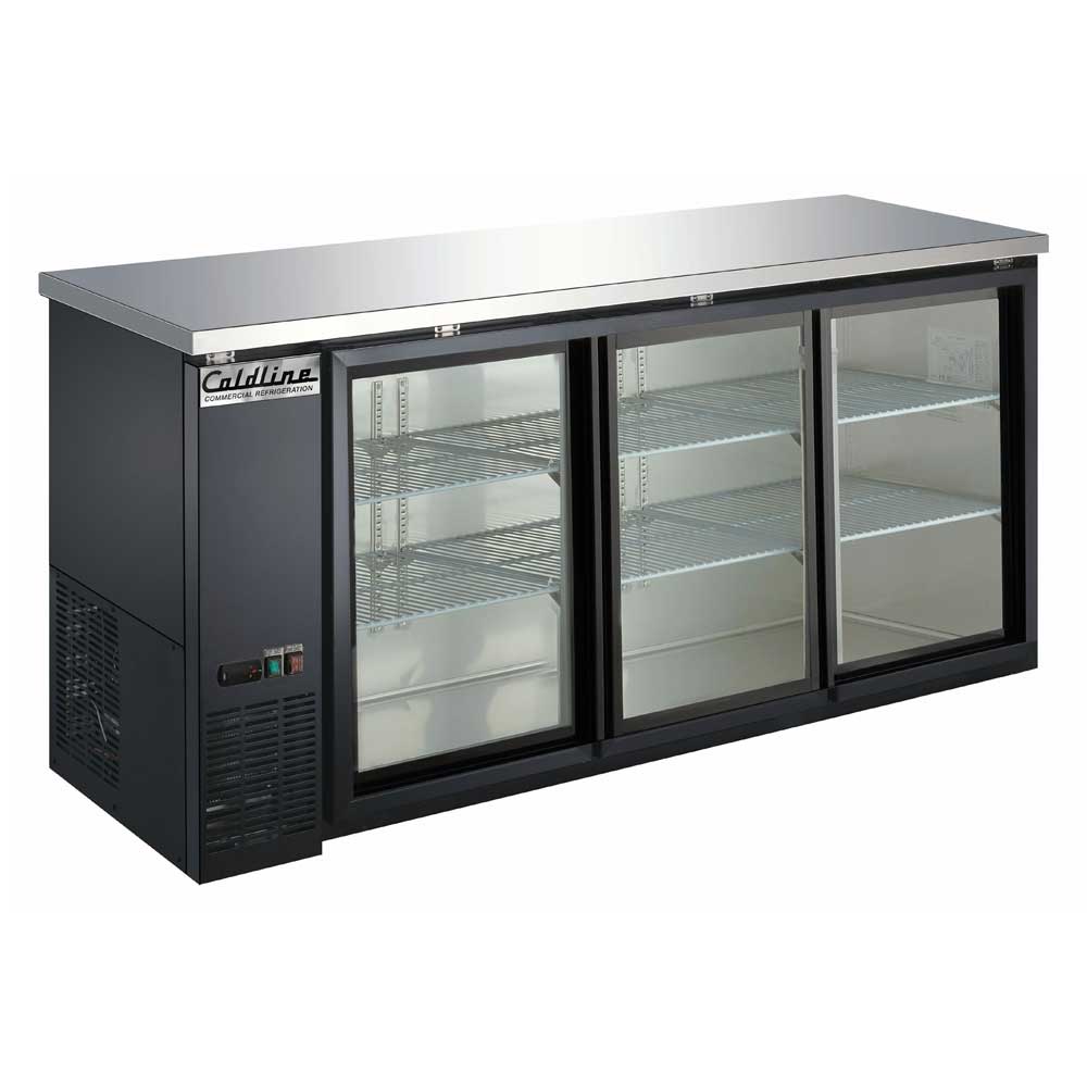 Coldline CBB-72G-SL 72" Refrigerated Narrow Black Sliding Glass Door Back Bar Cooler