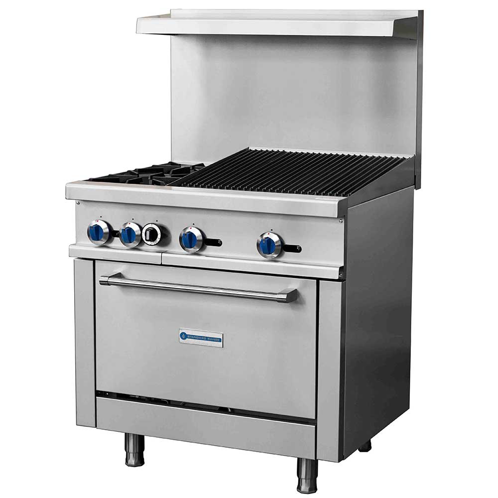 Standard Range SR-R36-24CB-NG 36" Natural Gas Commercial Range with 2 Burner, 24" Charbroiler, 1 Oven, 153,000 BTU