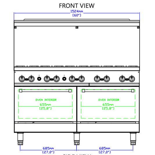 Standard Range SR-R60-NG 60" Natural Gas Commercial Range with 10 Burner, 2 Oven, 366,000 BTU