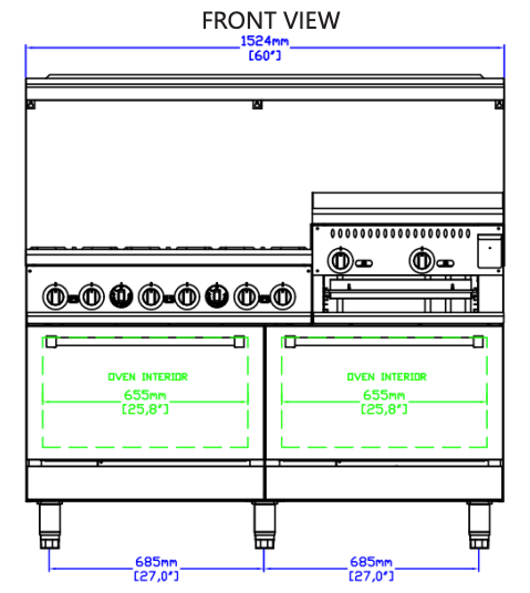 Standard Range SR-R60-24RG-NG 60" Natural Gas Range with 6 Burners, 24" Raised Griddle and 2 Oven-306,000 BTU