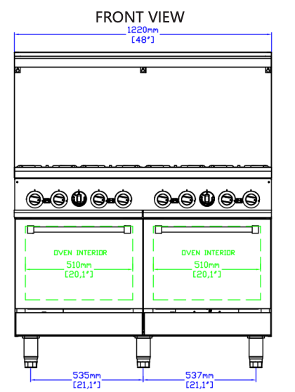 Standard Range SR-R48-NG 48" Natural Gas Commercial Range with 8 Burner, 2 Oven, 306,000 BTU