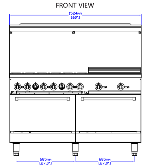 Standard Range SR-R60-24CB-NG 60" Natural Gas Commercial Range with 6 Burner, 24" Charbroiler, 2 Oven, 306,000 BTU