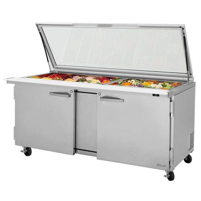 Turbo Air PST-72-30-N-GL 2 Solid Door Mega Top Refrigerated Sandwich Prep Table, Glass Lid, 23 Cu. Ft.