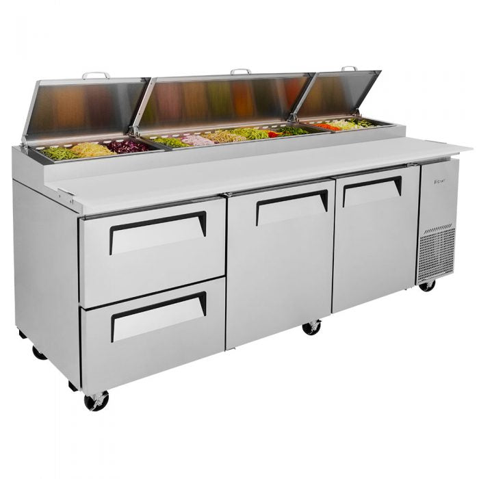 Turbo Air TPR-93SD-D2-N 2 Solid Door and 2 Drawer Refrigerated Pizza Prep Table
