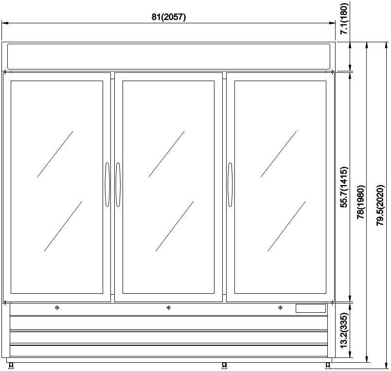 Valpro VP3R-72HC 3 Glass Door 72 cu. ft. Refrigerator