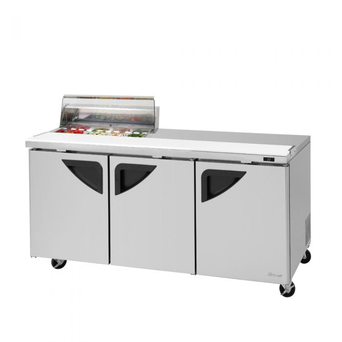 Turbo Air TST-72SD-08S-N-CL 3 Solid Door Refrigerated Sandwich Prep Table, Clear Lid, 23 Cu. Ft.