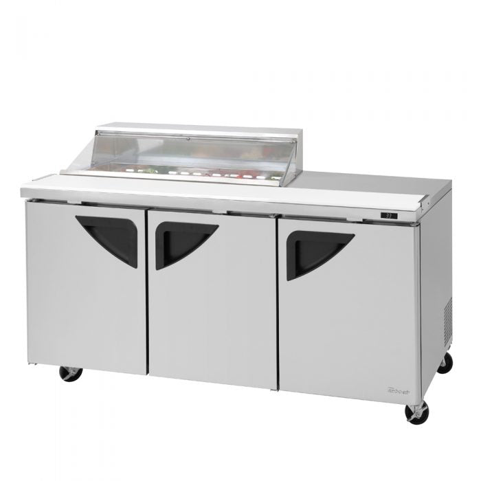 Turbo Air TST-72SD-12S-N-CL 3 Solid Door Refrigerated Sandwich Prep Table,, Clear Lid, 23 Cu. Ft.