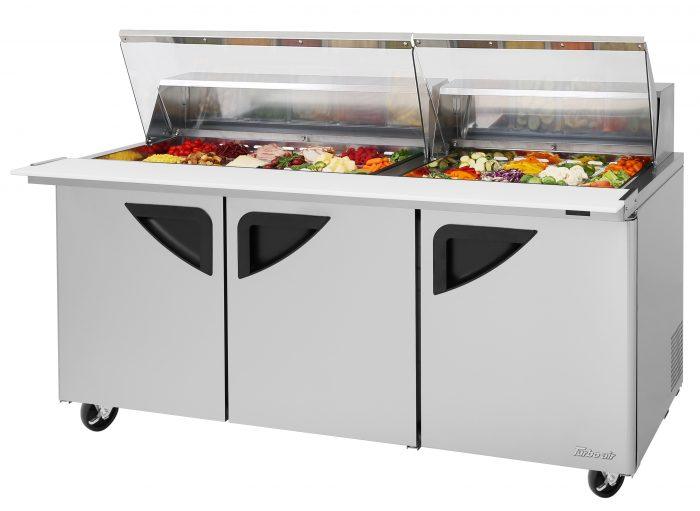 Turbo Air TST-72SD-30-N-CL 3 Solid Door  Mega Top Refrigerated Sandwich Prep Table, Clear Lid, 19 Cu. Ft.