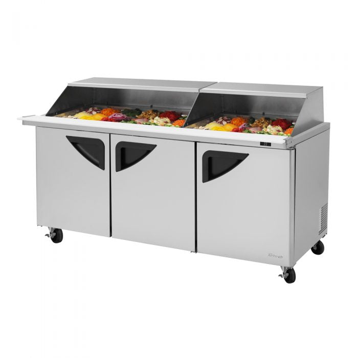 Turbo Air TST-72SD-30-N-SL 3 Solid Door  Mega Top Refrigerated Sandwich Prep Table with Removable Slide Back Lid, 23 Cu. Ft.