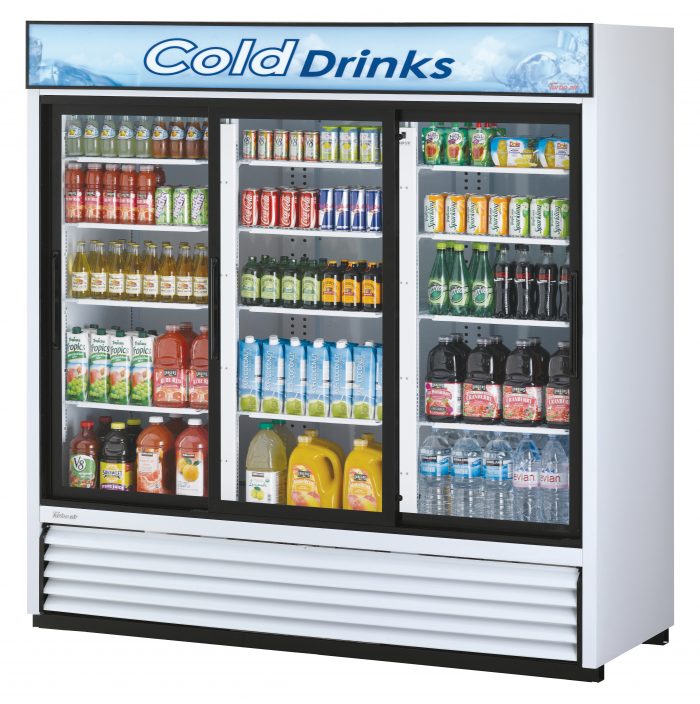 Turbo Air TGM-69R-N 3 Door Sliding Glass Merchandiser Refrigerator, White w/ Black Framed Door