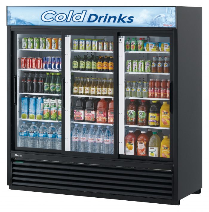 Turbo Air TGM-69R-N 3 Door Sliding Glass Merchandiser Refrigerator, White w/ Black Framed Door