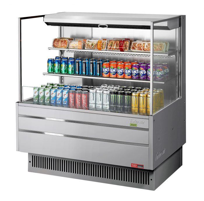 Turbo Air TOM-48L-UF-S-3S-N 46-3/4" Low Profile Open Display Merchandiser, 2 shelves, European Straight Style, Stainless Steel, 15.2 Cu. Ft.